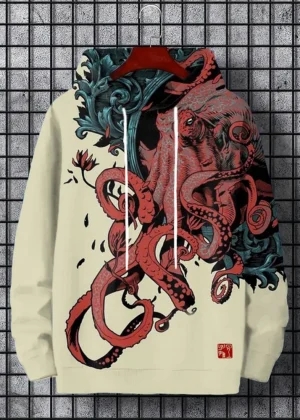 Japanese Harajuku 3D Printed Hoodies For Men Mountain Cat Tentacle Graphic Pullover Sweatshirts Casual Loose Hooded Long Sleeves