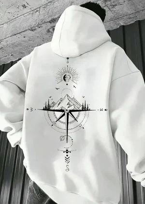 Vintage men's hoodie with compass print high-quality and fashionable hoodie daily casual hoodie comfortable sweatshirt