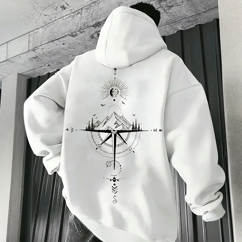 Vintage men's hoodie with compass print high-quality and fashionable hoodie daily casual hoodie comfortable sweatshirt