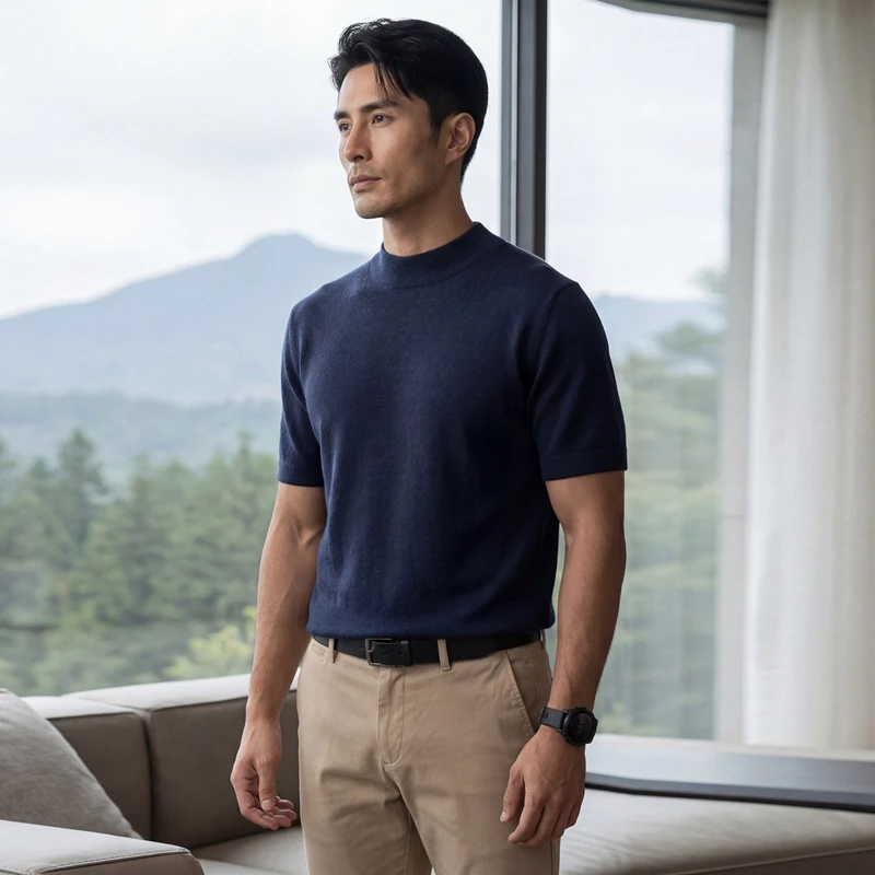 Men's 100% pure cashmere T-shirt knitted short sleeved sweater loose Mock collar Tops trendy luxury brand solid color Jumper - Image 5