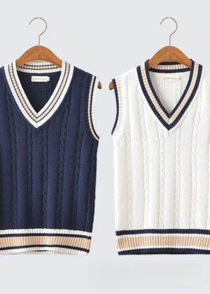 Mens &Womens V-Neck Cable Knit Sweater Vest Cotton Unisex Sleeveless Cricket Jumper for Spring Autumn Winter Golf Office Party