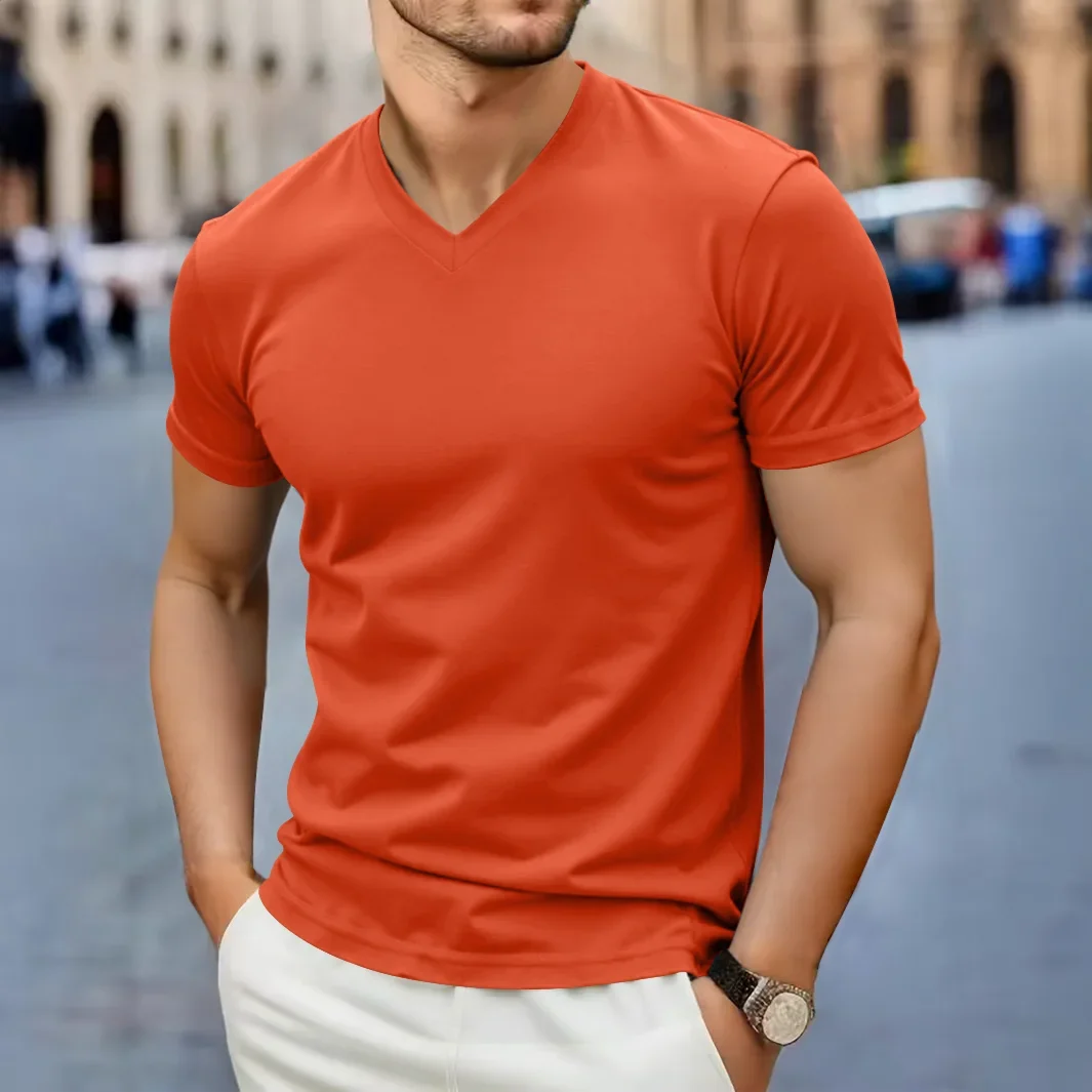 2025 New Men's Casual Fashion Simple V-neck Short Sleeved T-shirt Summer Comfortable Breathable Versatile Top - Image 4