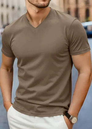 2025 New Men's Casual Fashion Simple V-neck Short Sleeved T-shirt Summer Comfortable Breathable Versatile Top