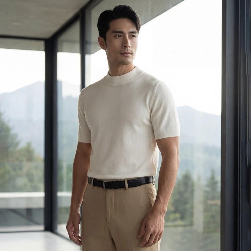 Men's 100% pure cashmere T-shirt knitted short sleeved sweater loose Mock collar Tops trendy luxury brand solid color Jumper