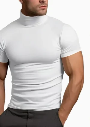 Cross-border Amazon 2024 summer solid color short-sleeved fashion bottoming shirt men's tight turtleneck T-shirt