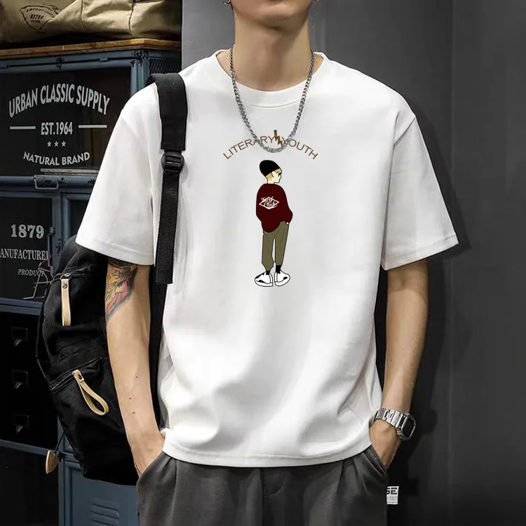 100% Pure Cotton Men's Printed T-shirt in Summer O-neck Short-sleeved Tops Loose White T-shirt High Quality Casual Men Clothing - Image 5