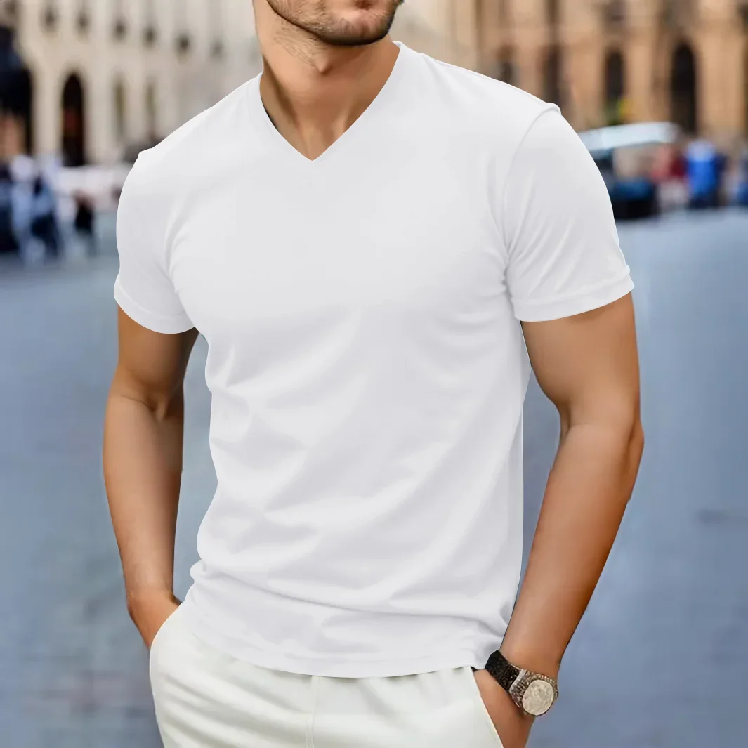 2025 New Men's Casual Fashion Simple V-neck Short Sleeved T-shirt Summer Comfortable Breathable Versatile Top - Image 5