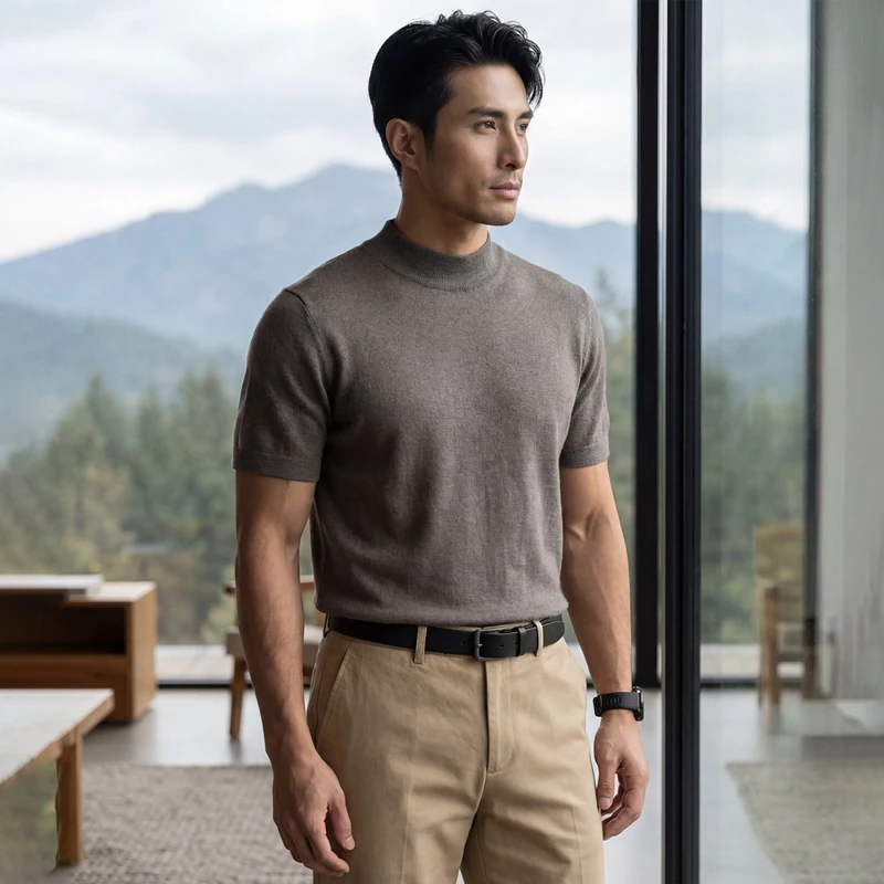 Men's 100% pure cashmere T-shirt knitted short sleeved sweater loose Mock collar Tops trendy luxury brand solid color Jumper - Image 4