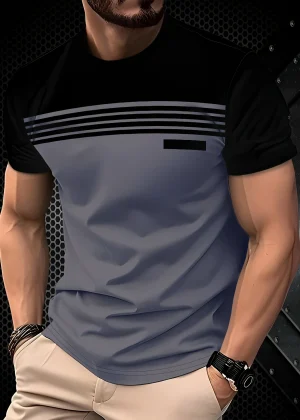 Fashionable men's summer new striped print comfortable breathable round neck T-shirt outdoor casual top