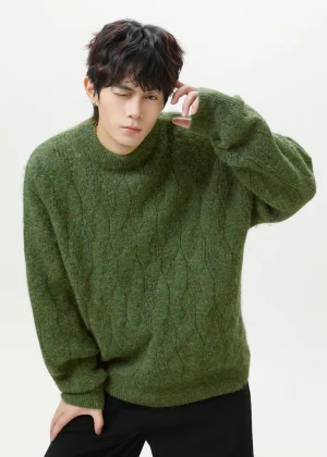 Thickened Mohair Solid-Colour Crew Neck Sweater Top Men Autumn Winter Cable-Knit Textured Knitwear Retro Oversized Cardigan