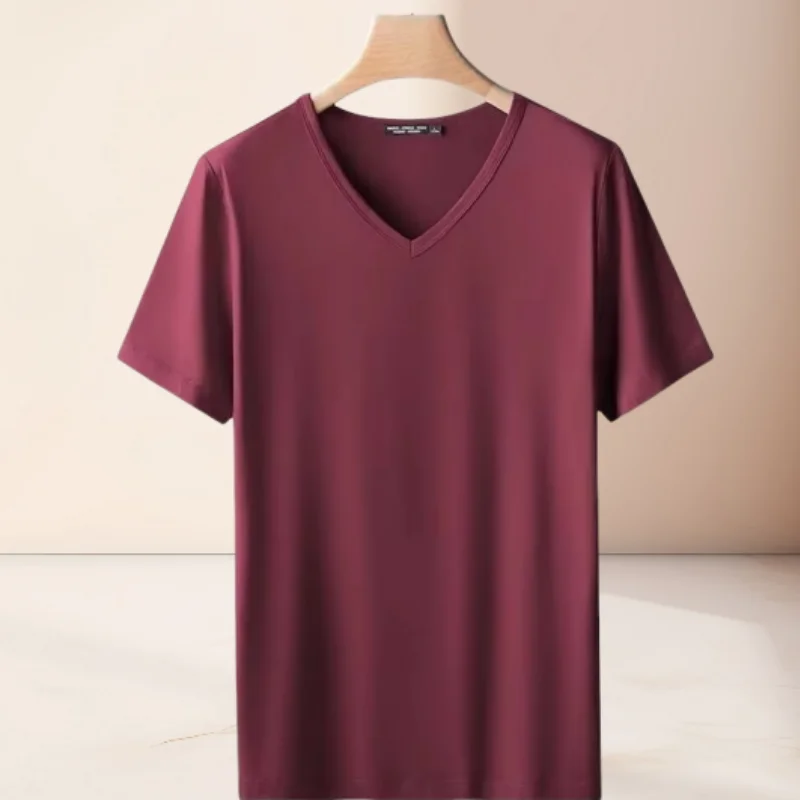 2025 men's short sleeved T-shirt loose and breathable plus size T-shirt top summer thin solid color V-neck home clothing base s - Image 5
