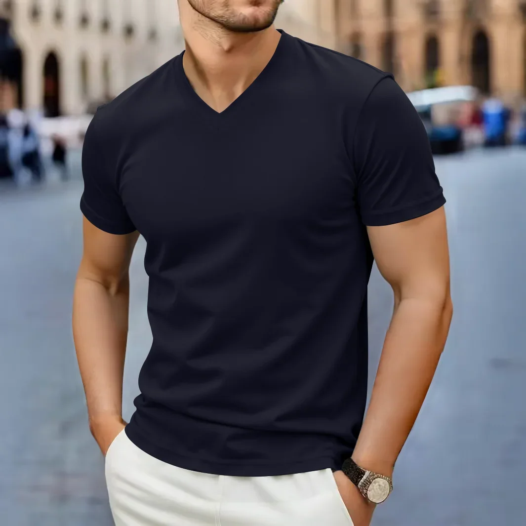 2025 New Men's Casual Fashion Simple V-neck Short Sleeved T-shirt Summer Comfortable Breathable Versatile Top - Image 3