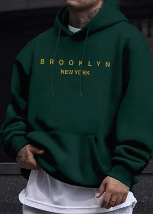 Men's autumn and winter casual fashionable loose brooklyn letter print long sleeved hooded warm sports pullover