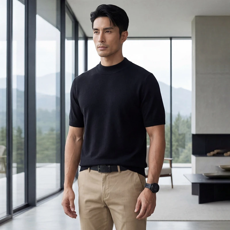 Men's 100% pure cashmere T-shirt knitted short sleeved sweater loose Mock collar Tops trendy luxury brand solid color Jumper - Image 3