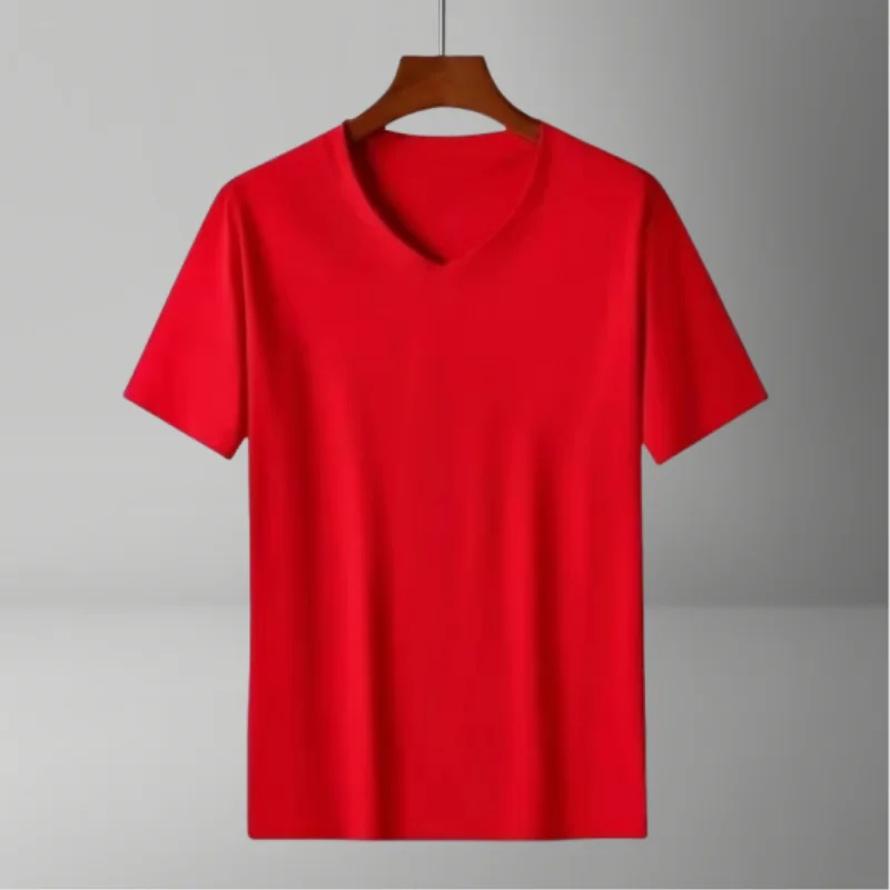 2025 men's short sleeved T-shirt loose and breathable plus size T-shirt top summer thin solid color V-neck home clothing base s - Image 3